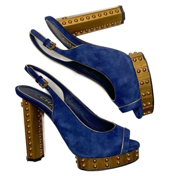 Chanel Blue Suede Gold Studded Interlocking C Slingback Heels EU 37 US 6-6.5 - Picture 6 of 12